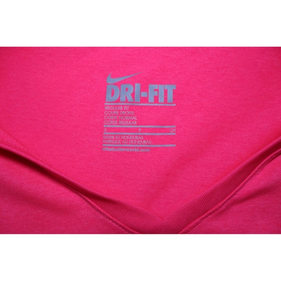 Nike Dri-FIT Womens V-Neck Short Sleeve Training T-Shirt Neon Pink Small - Picture 3 of 4